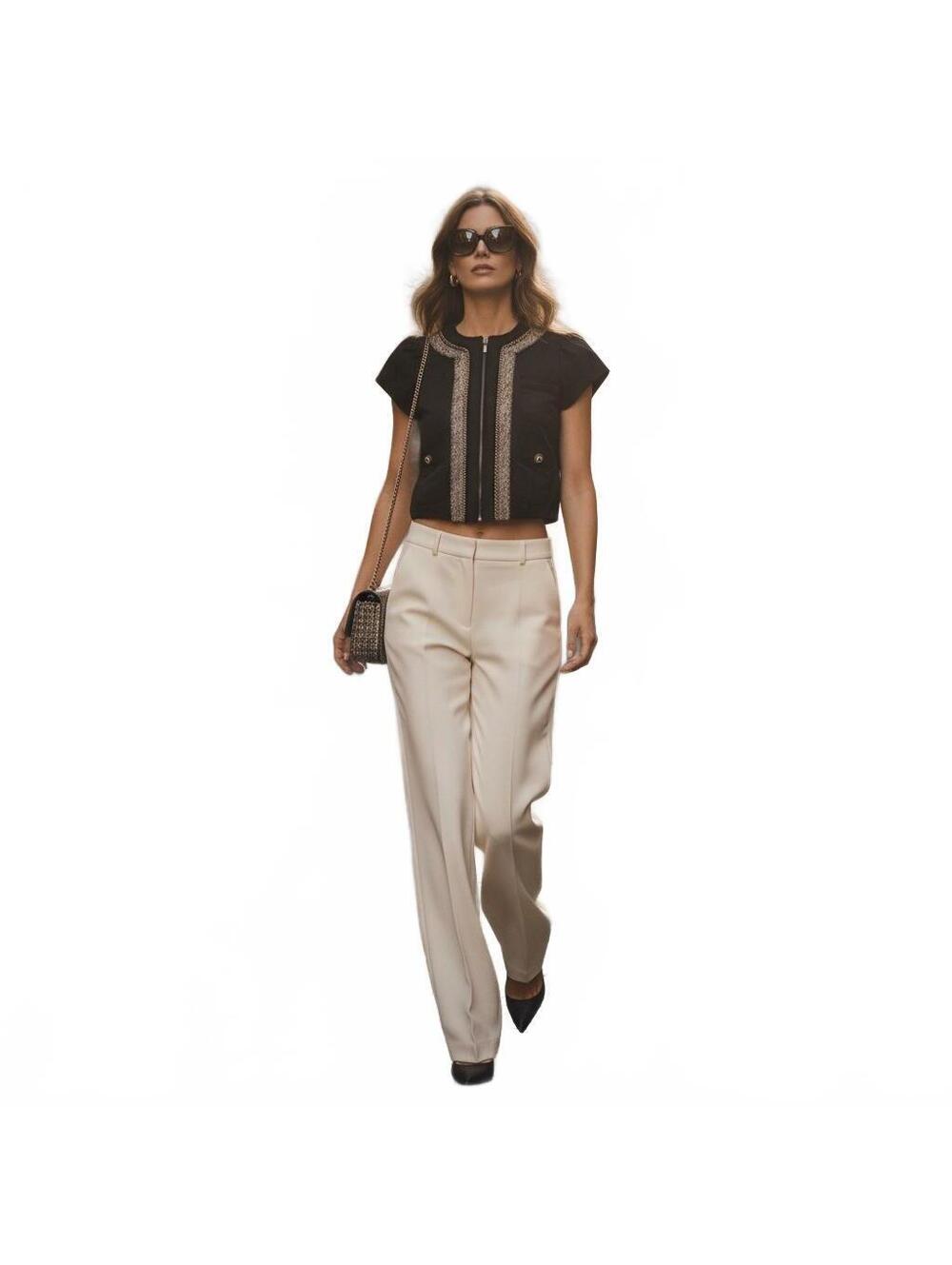 BCBG Max Azria Women’s XS Tweed Trim Jacket Top Black Gold Chain Zip